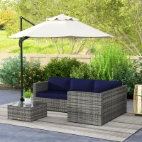 Outsunny 3 Pieces PE Rattan Garden Furniture Set with 10 cm Thick Cushions, 4 Seater Garden Corner Sofa Set with Glass Top Coffee Table, Outdoor Furniture for Patio, Porch, Blue(m-8)