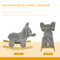 HOMCOM Éléphant à bascule pour enfants cheval à bascule jouet à bascule bébé 18+ mois - musique et poignées charge 60 kg Gris(m-5)