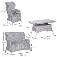 Outsunny Garden PE Rattan Dining Sofa Set, Outdoor 4 Seater Wicker Furniture, High Back Chairs with Cushions, Tempered Glass Coffee Table for Patio, Mixed Grey(m-3)