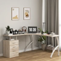 HOMCOM L-Shaped Computer Desk Table with Storage Drawer, Home Office Desk Corner Industrial Style Workstation for A4 Files 143.5 x 143.5 x 76cm, Oak(m-10)