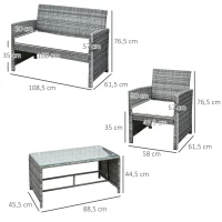 Outsunny Conjunto de Muebles de Ratán para Jardín Set de Sofá Doble 2 Sillones y 1 Mesa de Centro para Terraza Gris(m-3)