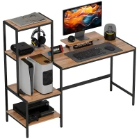 HOMCOM Bureau d'ordinateur avec Rehausseur de Moniteur, Bureau avec Étagère à Quatre Niveaux, Design Industriel, Braun(m-6)