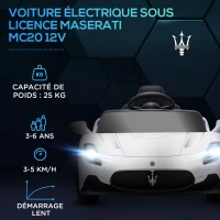 AIYAPLAY Voiture électrique pour enfants sous licence Maserati MC20 12V, Télécommande, LED, Musique et Klaxon, 3 à 6 Ans, blanc(m-4)