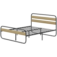 HOMCOM Doppelbett 160 x 200 cm, Industriestil Stahlbettgestell, Kopf- und Lattenrost inklusive, Holzoptik(m-1)