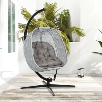 Outsunny Hanging Egg Chair Outdoor Indoor Garden Swing Chair with Folding Basket, Garden Hanging Chair with Stand, Thickened Cushion, Cup Holder for Patio, Balcony, Sand Brown(m-9)