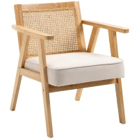 HOMCOM Comfortable Lounge Chair Rattan Chair with Thick Cushion - Rattan Backrest - Deep Seat - Hevea Wood Frame Linen-Look Beige(m-11)