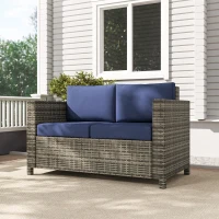Outsunny Rattan Sofa, 2 Seater Garden Furniture with Soft Padded Cushion and Armrests, Wicker Garden Loveseat for Patio, Navy Blue(m-7)
