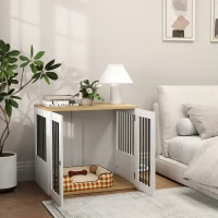 PawHut Gaiola para Cães 2 em 1 Mesa Auxiliar com 2 Portas com Trava Comedouro Giratório de 360° 2 Tigelas 80x55x71,5 cm Branco(m-9)