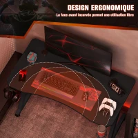 HOMCOM Bureau gaming avec support casque porte-gobelet passe-câbles inclus, pieds réglables, cadre en acier et bois, noir(m-4)