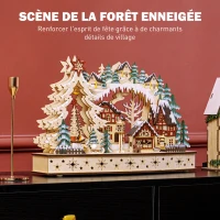 HOMCOM Village de Noël lumineux, village de Noël animé en bois, avec 20 LED, paysage enneigé, 45L x 12l x 30H cm, bois naturel(m-4)
