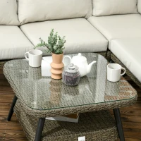 Outsunny 5 Pieces Outdoor Rattan Corner Sofa, Round and Twin Half-round Wicker Woven Rattan Garden Furniture w/ Thick Padded Cushions and Tempered Glass Top Two-tier Table, Grey(m-9)