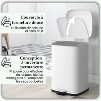 HOMCOM Poubelle de cuisine 20L avec couvercle à fermeture douce et pédale, seau intérieur amovible, 28L x 35l x 45H cm, blanc(m-5)