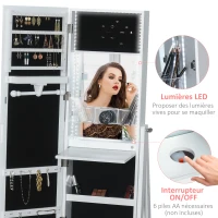 HOMCOM Armoire à Bijoux avec Miroir LED sur Pied Multi-rangements dim. 40L x 37l x 161H cm, blanc(m-5)