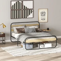 HOMCOM Doppelbett 160 x 200 cm, Industriestil Stahlbettgestell, Kopf- und Lattenrost inklusive, Holzoptik(m-4)