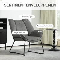 HOMCOM Fauteuil salon, fauteuil relax en lin, avec large dossier rembourré, pieds en acier, 71,5l x 67P x 79H cm, gris(m-4)
