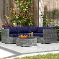 Outsunny 3 Pieces PE Rattan Garden Furniture Set with 10 cm Thick Cushions, 4 Seater Garden Corner Sofa Set with Glass Top Coffee Table, Outdoor Furniture for Patio, Porch, Blue(m-9)