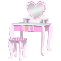 AIYAPLAY Kids Dressing Table Set, Vanity Table with Stool, Mirror, Drawer, Desktop Storage, Heart Theme, Pink(m-11)