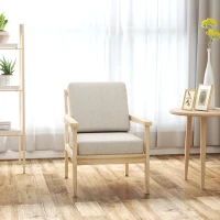 HOMCOM Fauteuil design minimaliste structure bois, 2 coussins amovibles recouvert de tissu effet lin, accoudoirs, beige(m-7)