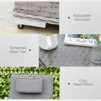 Outsunny 3 Pieces Rattan Sun Lounger Set with Aluminium Frame, 5-Position Adjustable Reclining Garden Chairs and Glass Top Table, Wicker Garden Furniture Daybed with Cushions for Patio, Grey(m-7)