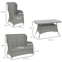 Outsunny Garden PE Rattan Dining Sofa Set, Outdoor 4 Seater Wicker Furniture, High Back Chairs with Cushions, Tempered Glass Coffee Table for Patio, Light Grey(m-3)