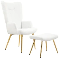 HOMCOM Fauteuil inclinable avec repose-pieds, dossier haut, couverture en sherpa, pieds en métal doré, jusqu'à 120kg, Blanc(m-1)