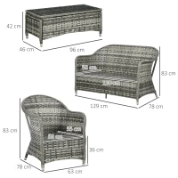 Outsunny Four-Piece Rattan Sofa Set, with Glass-Top Table - Mixed Grey(m-3)