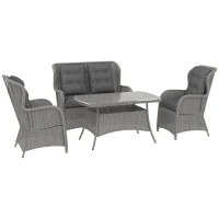 Outsunny Garden PE Rattan Dining Sofa Set, Outdoor 4 Seater Wicker Furniture, High Back Chairs with Cushions, Tempered Glass Coffee Table for Patio, Light Grey(m-11)