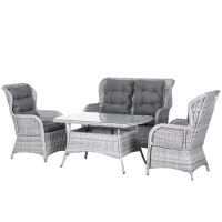 Outsunny Garden PE Rattan Dining Sofa Set, Outdoor 4 Seater Wicker Furniture, High Back Chairs with Cushions, Tempered Glass Coffee Table for Patio, Mixed Grey(m-11)
