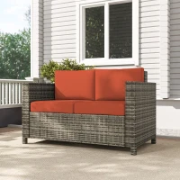 Outsunny Rattan Sofa, 2 Seater Garden Furniture with Soft Padded Cushion and Armrests, Wicker Garden Loveseat for Patio, Grey(m-7)