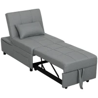 HOMCOM Fauteuil pliant 3-en-1 avec poche latérale, lit d'appoint avec coussin, dossier réglable, fauteuil-lit avec roulettes, Gris clair(m-1)