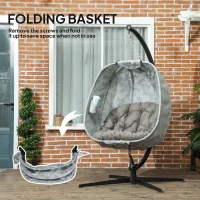 Outsunny Hanging Egg Chair Outdoor Indoor Garden Swing Chair with Folding Basket, Garden Hanging Chair with Stand, Thickened Cushion, Cup Holder for Patio, Balcony, Sand Brown(m-6)