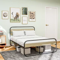 HOMCOM Lit double 140 x 190 cm, cadre de lit en acier style industriel, tête de lit et sommier inclus, aspect bois(m-7)