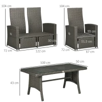 Outsunny 4 Piece Rattan Garden Furniture Set Outdoor Sofa Sectional Set with Glass Top Table for Poolside, Grey(m-3)