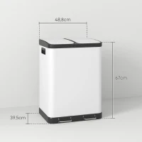 HOMCOM Poubelle de cuisine 2 x 30L avec pédale en acier inoxydable, 2 compartiments, couvercle à fermeture douce, 60L, blanc(m-3)