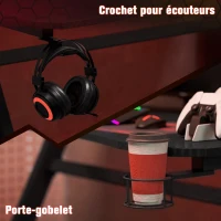 HOMCOM Bureau gaming avec support casque porte-gobelet passe-câbles inclus, pieds réglables, cadre en acier et bois, noir(m-6)