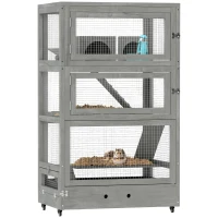 PawHut Cage pour hamster en bois à quatre niveaux, avec cabanes, bascule, bols d'alimentation, rampes, roulettes, 65 x 45 x 109 cm, Gris(m-6)