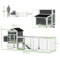 PawHut Galinheiro de Madeira 297,5x68x118cm para 3-6 Galinhas com Teto Asfáltico Porta com Trava e Caixa Ninho Branco e Cinza(m-3)