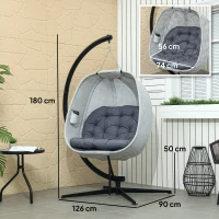 Outsunny Hanging Egg Chair Outdoor Indoor Garden Swing Chair with Folding Basket, Garden Hanging Chair with Stand, Thickened Cushion, Cup Holder for Patio, Balcony, Grey(m-3)