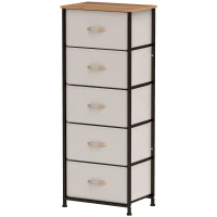 HOMCOM Fabric Chest of Drawers, Industrial Bedroom Dresser with 5 Fabric Drawers, Steel Frame and Wooden Top for Nursery, Living Room, Hallway, Cream White(m-11)