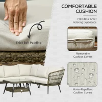 Outsunny 5 Pieces Outdoor Rattan Corner Sofa, Round and Twin Half-round Wicker Woven Rattan Garden Furniture w/ Thick Padded Cushions and Tempered Glass Top Two-tier Table, Grey(m-5)