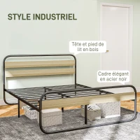 HOMCOM Lit double 160 x 200 cm, cadre de lit en acier style industriel, tête de lit et sommier inclus, aspect bois(m-4)