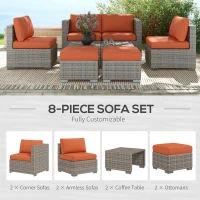 Outsunny Eight-Piece Rattan Garden Set, with Contrast Cushions - Orange/Grey(m-4)
