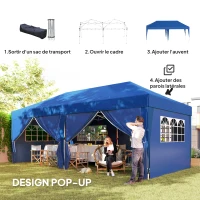 Outsunny Tonnelle de jardin exterieur tonnelle pliante 3 x 6 m avec 6 parois latérales, sac de transport inclus, bleu(m-4)