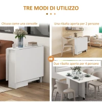 HOMCOM Tavolo Pieghevole Salvaspazio a 2 Ribalte per 6 Persone con Ripiani e Ruote, Bianco(m-4)