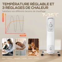 HOMCOM Radiateur bain d'huile 2500W, chauffage électrique silencieux, 3 niveaux de chaleur réglable, roulette, blanc(m-4)