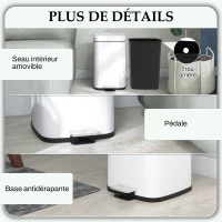 HOMCOM Poubelle de cuisine 20L avec couvercle à fermeture douce et pédale, seau intérieur amovible, 28L x 35l x 45H cm, blanc(m-7)