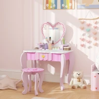 AIYAPLAY Kids Dressing Table Set, Vanity Table with Stool, Mirror, Drawer, Desktop Storage, Heart Theme, Pink(m-10)