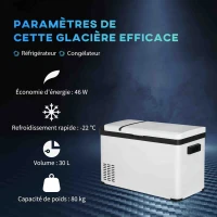 Outsunny Réfrigérateur portable à compression 30 L glacière électrique voiture 12/24V 61 x 32 x 40 cm jusqu'à -22°C blanc(m-4)