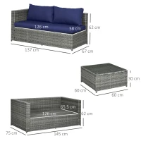 Outsunny 3 Pieces PE Rattan Garden Furniture Set with 10 cm Thick Cushions, 4 Seater Garden Corner Sofa Set with Glass Top Coffee Table, Outdoor Furniture for Patio, Porch, Blue(m-3)