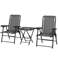 Outsunny Conjunto de Mesa e Cadeiras de Jardim Móveis de Exterior Dobrável com Estrutura de Aço e Suporte para Copos Cinza Escuro(m-9)